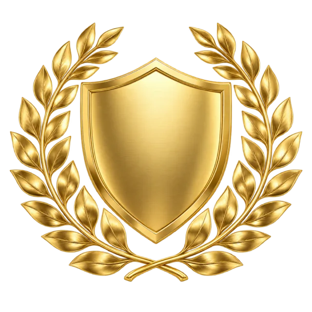 Realistic-style illustration of laurel wreath surrounding a blank gold shield