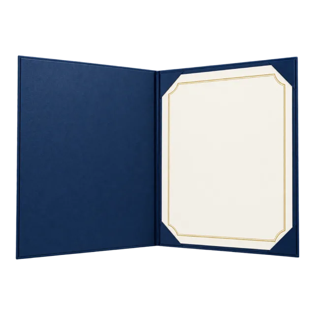 Realistic-style illustration of open presentation folder containing blank certificate