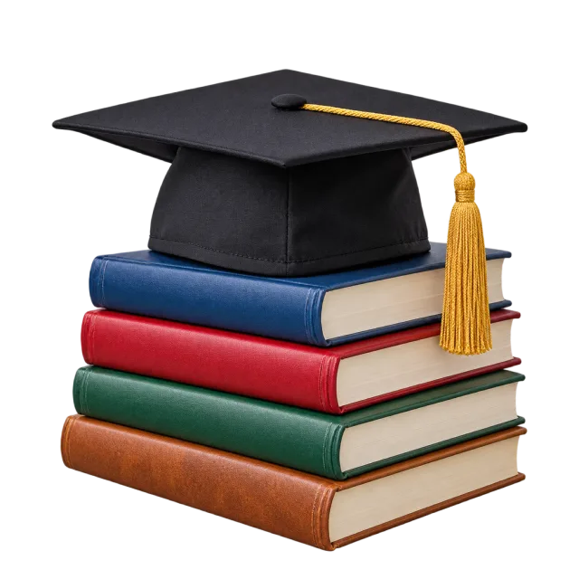 Realistic-style illustration of stack of books topped with graduation cap