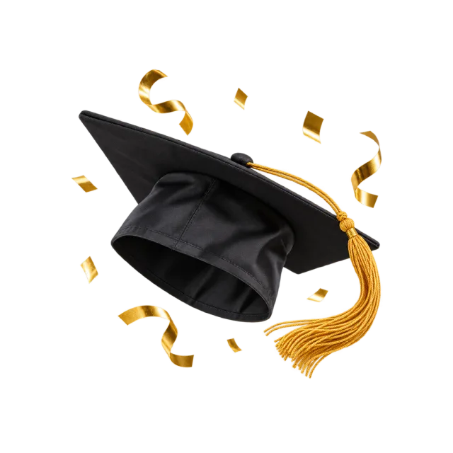 Realistic-style illustration of graduation cap tossed with a few gold confetti pieces