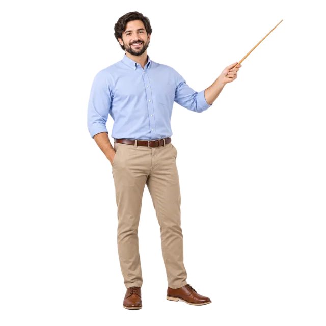 Realistic-style illustration of man teacher holding a wooden pointer