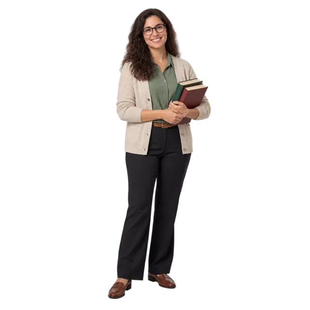 Realistic-style illustration of woman librarian holding books