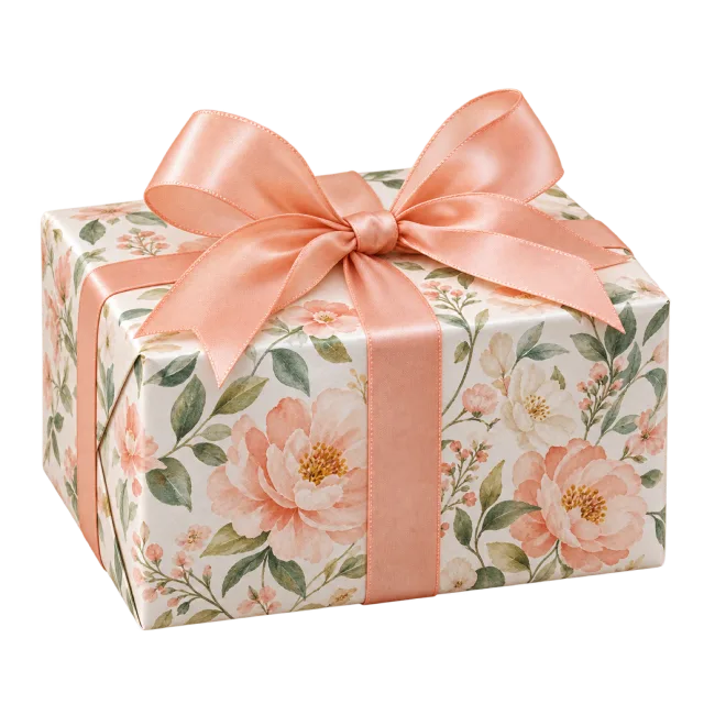 A cream gift box printed with pastel flowers and tied with a peach ribbon