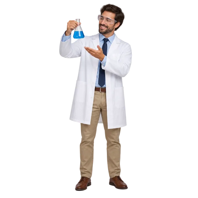 Realistic-style illustration of man in lab coat holding a blue flask