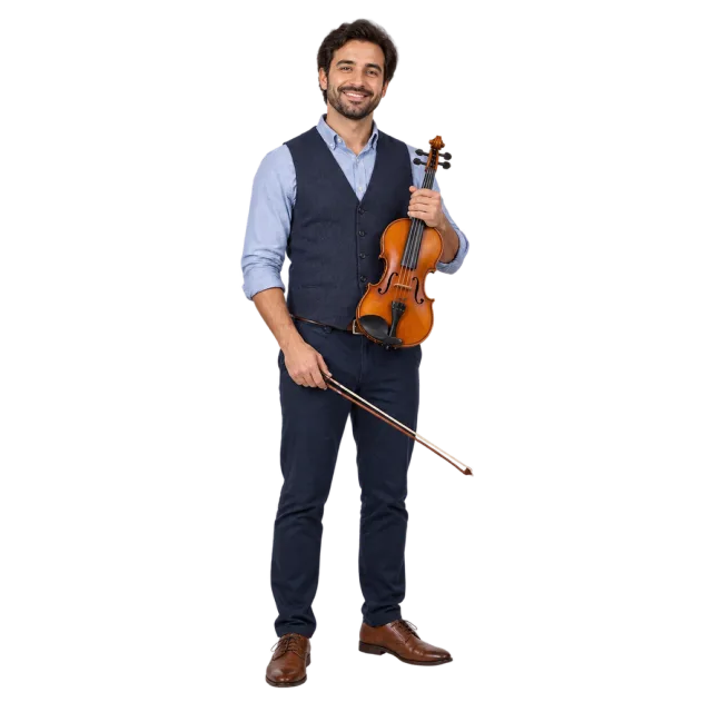 Realistic-style illustration of man music teacher holding a violin