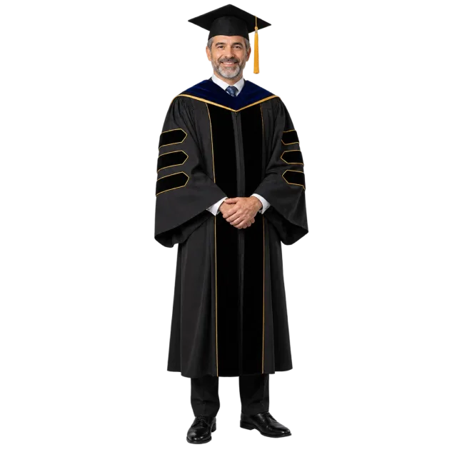 Realistic-style illustration of man in black academic robes