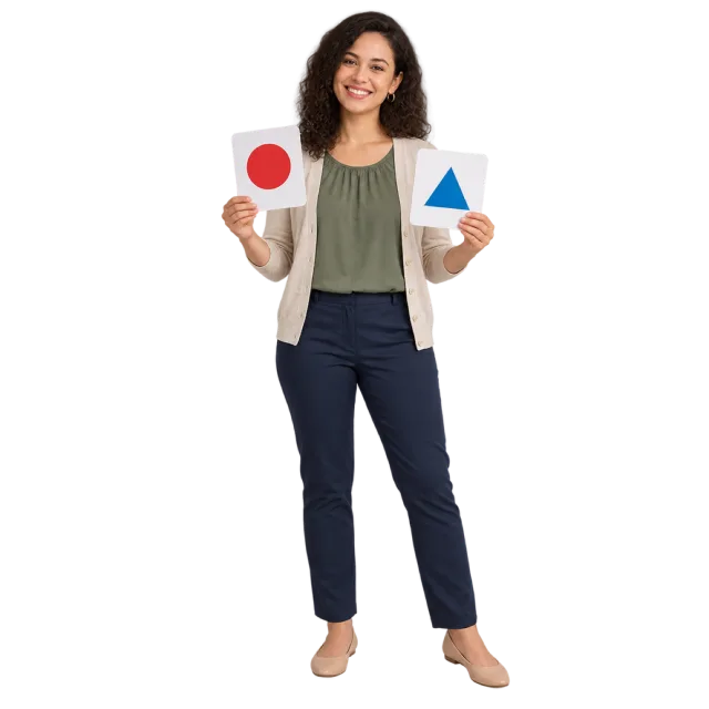 Realistic-style illustration of woman teacher holding shape flashcards