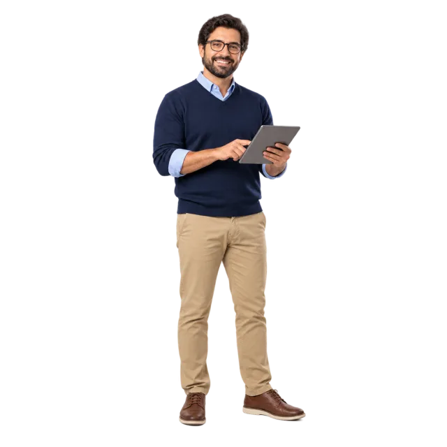 Realistic-style illustration of man teacher holding a tablet