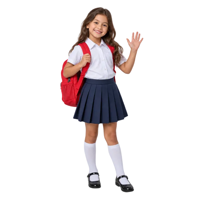 Realistic-style illustration of waving schoolgirl with red backpack