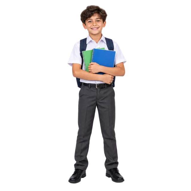 Realistic-style illustration of schoolboy holding exercise books