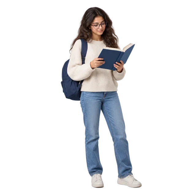 Realistic-style illustration of student with glasses reading a book