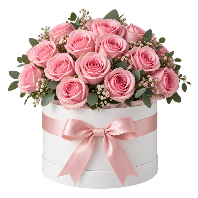 Pink roses and green foliage arranged in a white round box with a pink bow