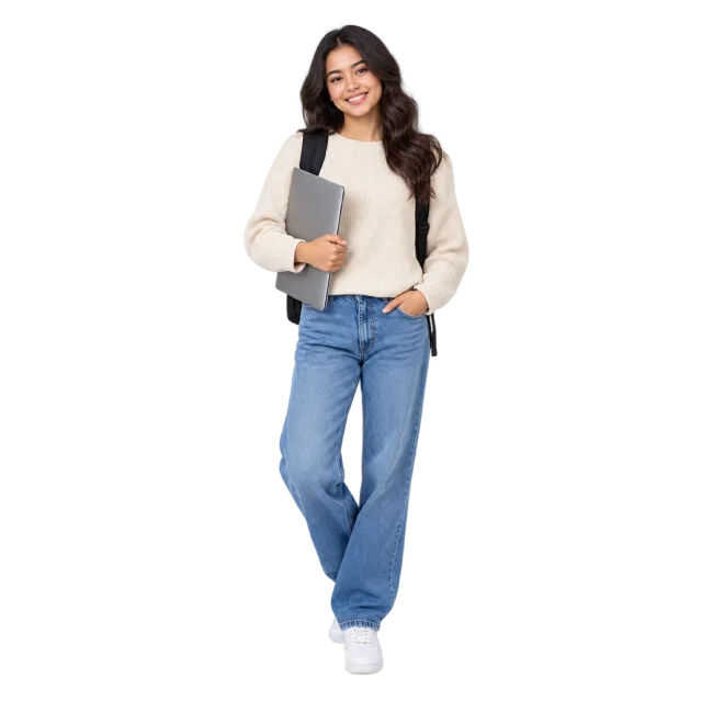 Realistic-style illustration of student carrying a laptop