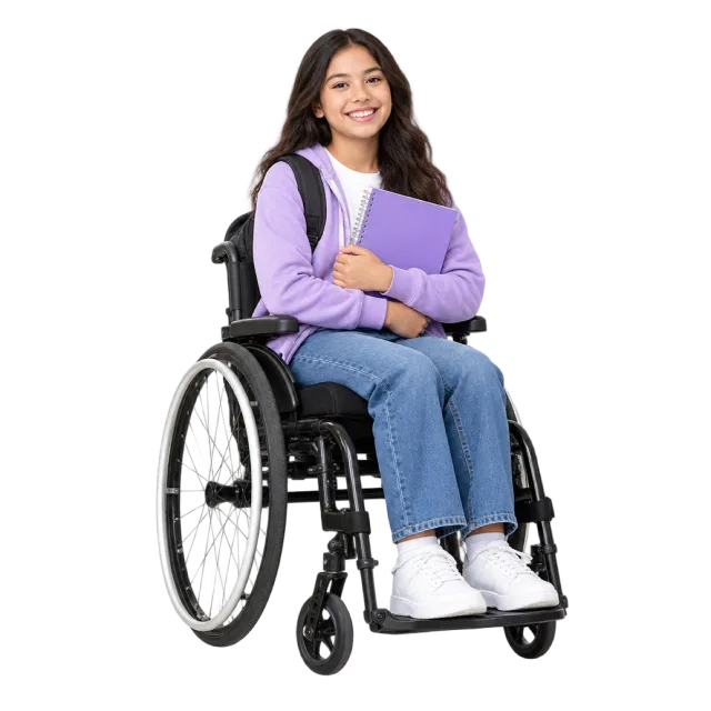 Realistic-style illustration of student in wheelchair holding a notebook