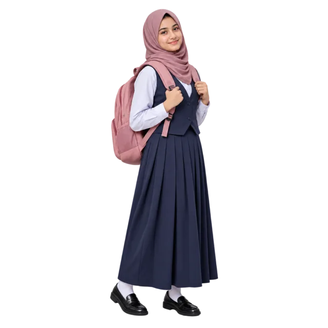 Realistic-style illustration of schoolgirl in hijab with backpack