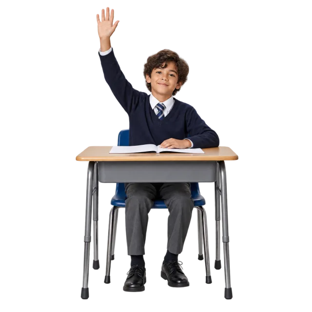 Realistic-style illustration of schoolboy raising hand at desk