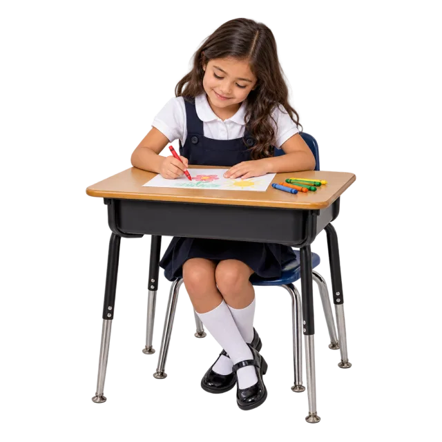 Realistic-style illustration of schoolgirl drawing at a desk
