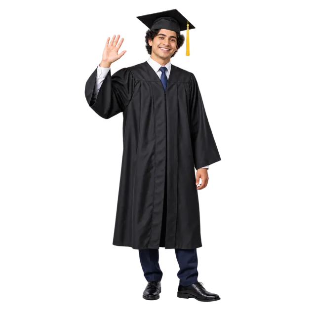 Realistic-style illustration of man graduate waving in cap and gown