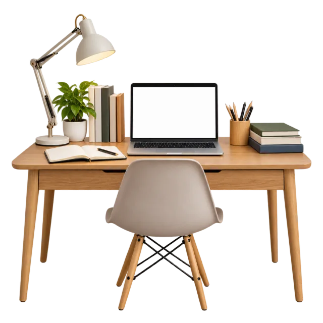 Realistic-style illustration of study desk with lamp books and laptop