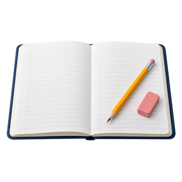Realistic-style illustration of open notebook with pencil and eraser