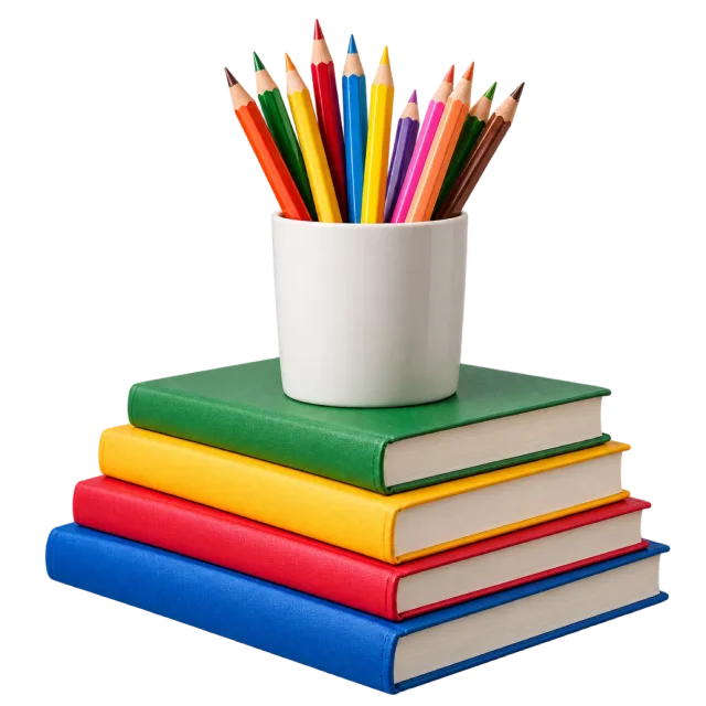 Realistic-style illustration of books with cup of colored pencils