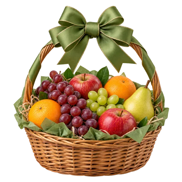 A wicker basket of grapes, oranges, apples and pears with a green bow on the handle