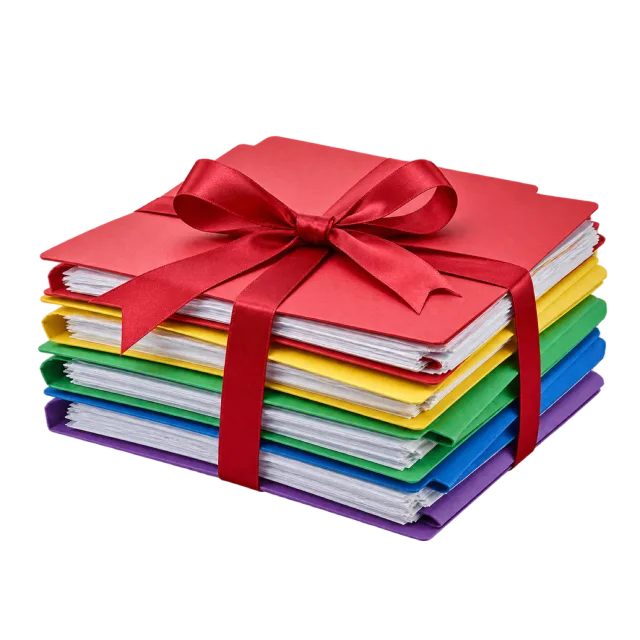 Realistic-style illustration of colorful folders tied with ribbon