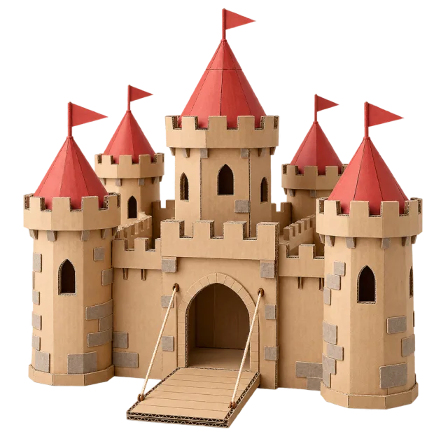 Realistic-style illustration of cardboard castle school project