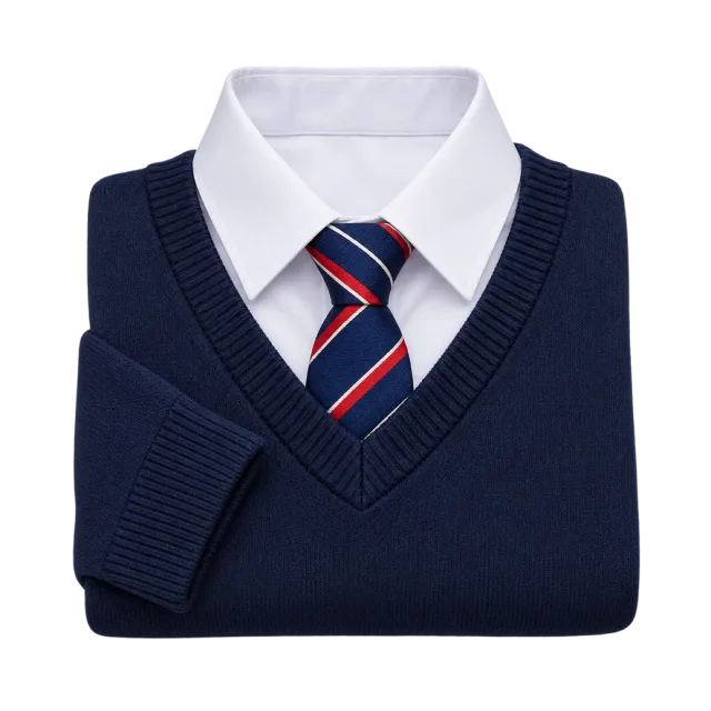 Realistic-style illustration of folded school shirt tie and sweater