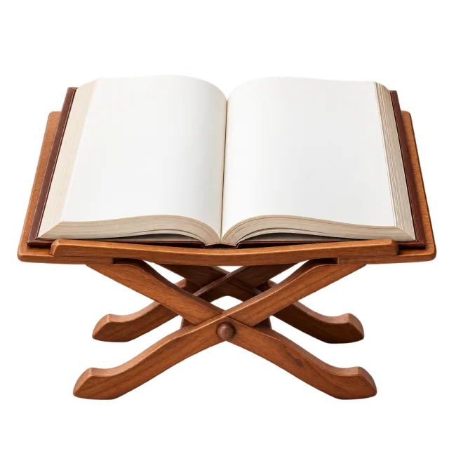 Realistic-style illustration of wooden book stand with open book