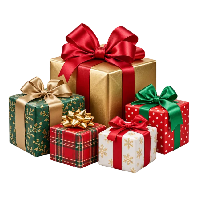 A group of red, green, gold and cream presents decorated with ribbon bows
