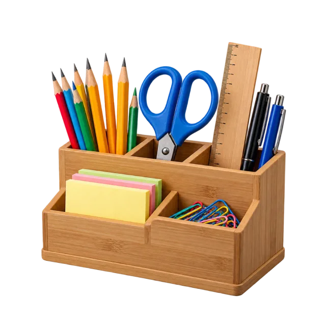 Realistic-style illustration of desk organizer with pencils scissors and ruler