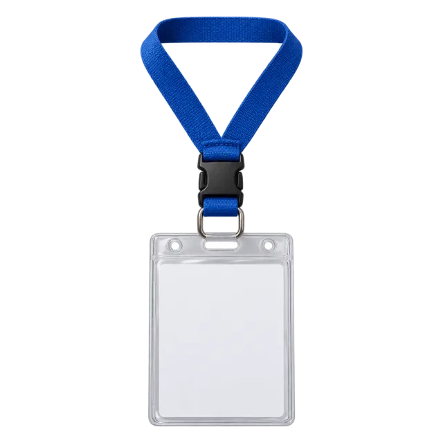 Realistic-style illustration of blank ID badge in clear holder