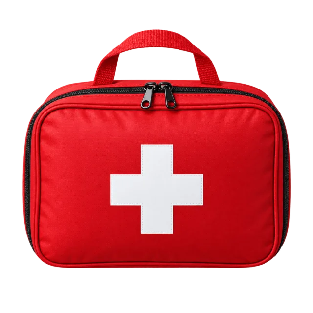 Realistic-style illustration of simple school first aid kit with a white cross