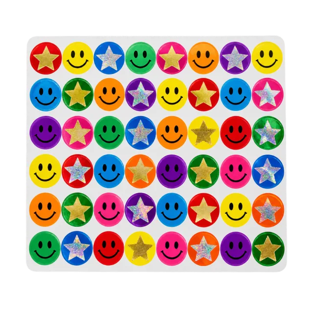 Realistic-style illustration of colorful star and smiley reward stickers