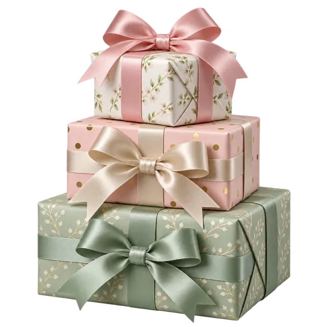 Three stacked pastel presents with floral patterns and satin bows