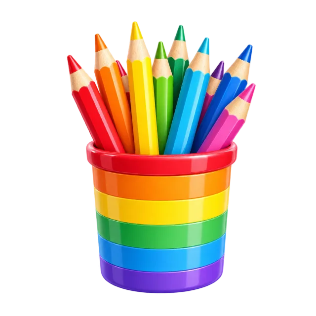 3D-style illustration of rainbow colored pencils in a cup