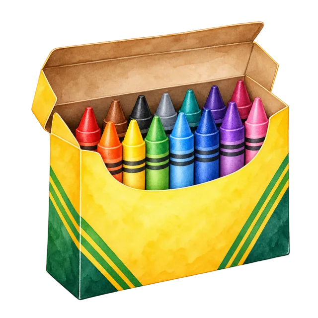Watercolor-style illustration of wax crayons in an open box
