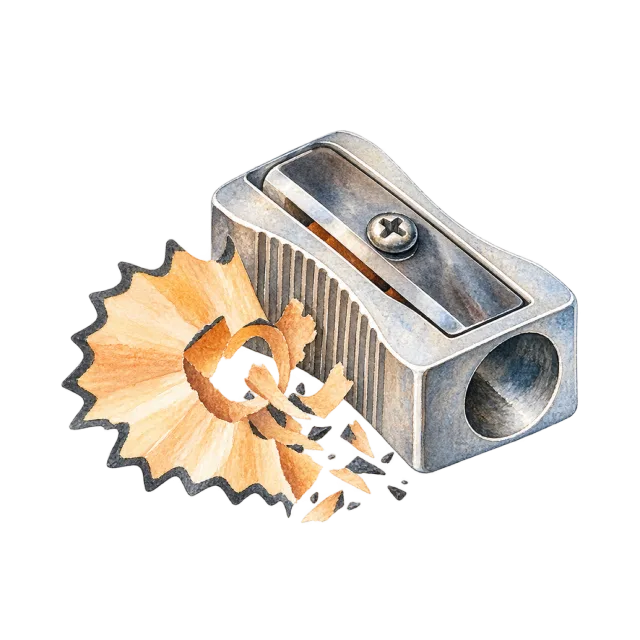 Watercolor-style illustration of metal pencil sharpener with shavings