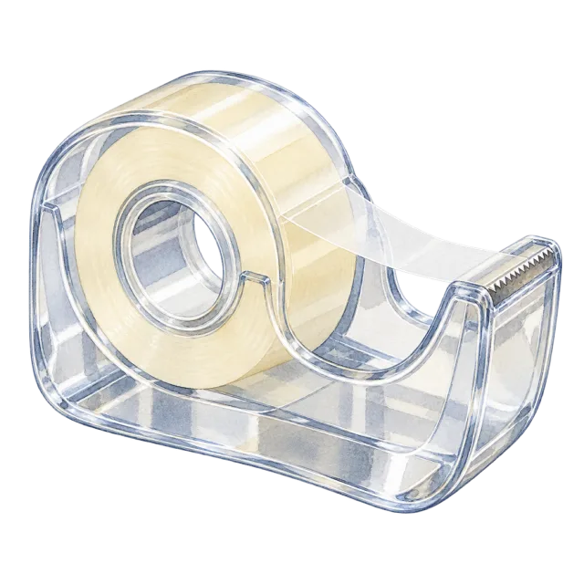 Watercolor-style illustration of transparent adhesive tape dispenser