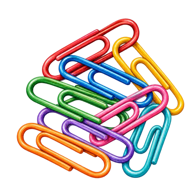 Watercolor-style illustration of colorful paper clips