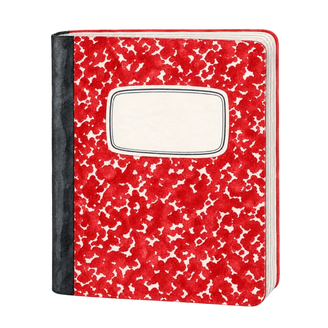 Watercolor-style illustration of red composition notebook