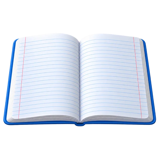 3D-style illustration of open ruled exercise book