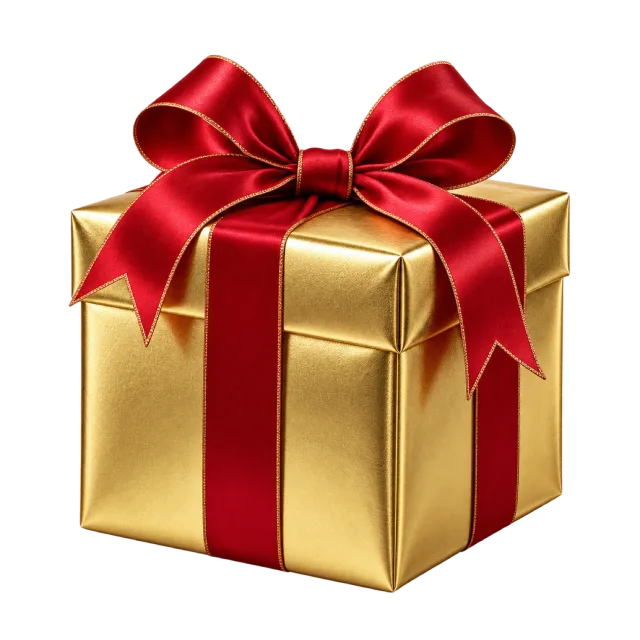 A metallic gold gift box wrapped with a red satin ribbon and bow