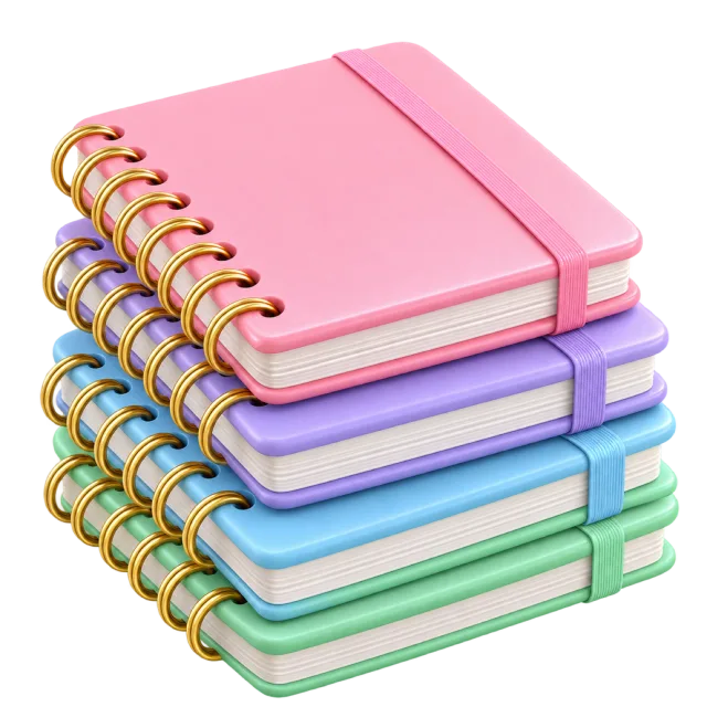 3D-style illustration of stack of pastel notebooks