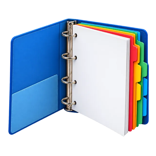 3D-style illustration of ring binder with colored dividers