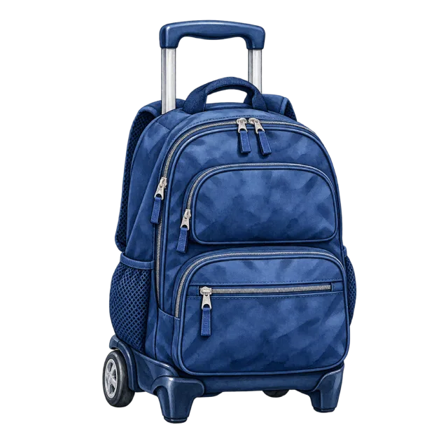 Watercolor-style illustration of navy rolling schoolbag