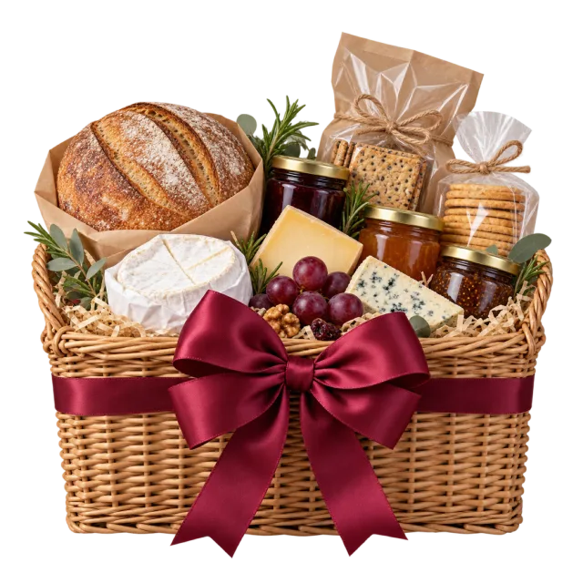A wicker hamper filled with bread, cheese, jars and packaged food beneath a burgundy bow