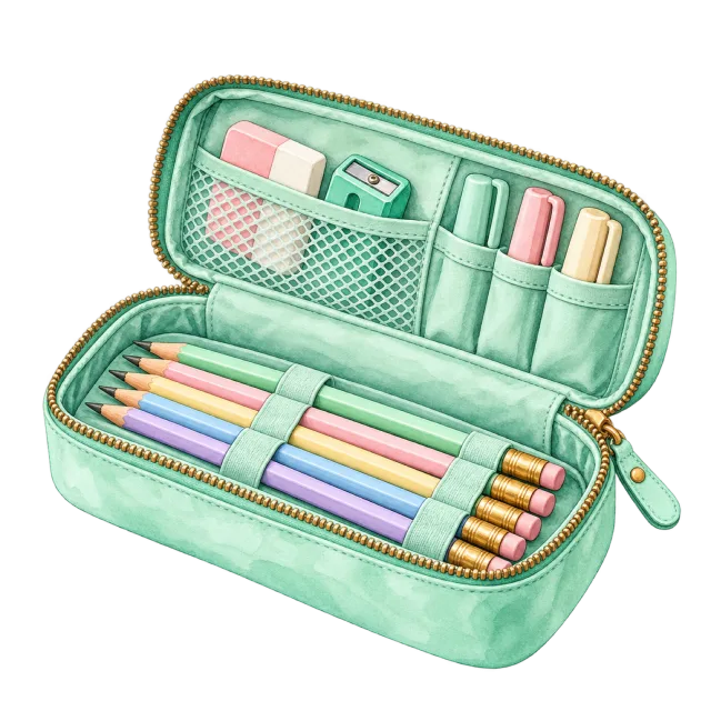Watercolor-style illustration of mint pencil case open with pencils