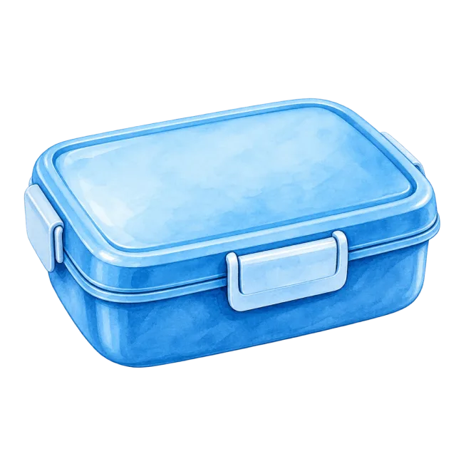 Watercolor-style illustration of blue rectangular lunch box